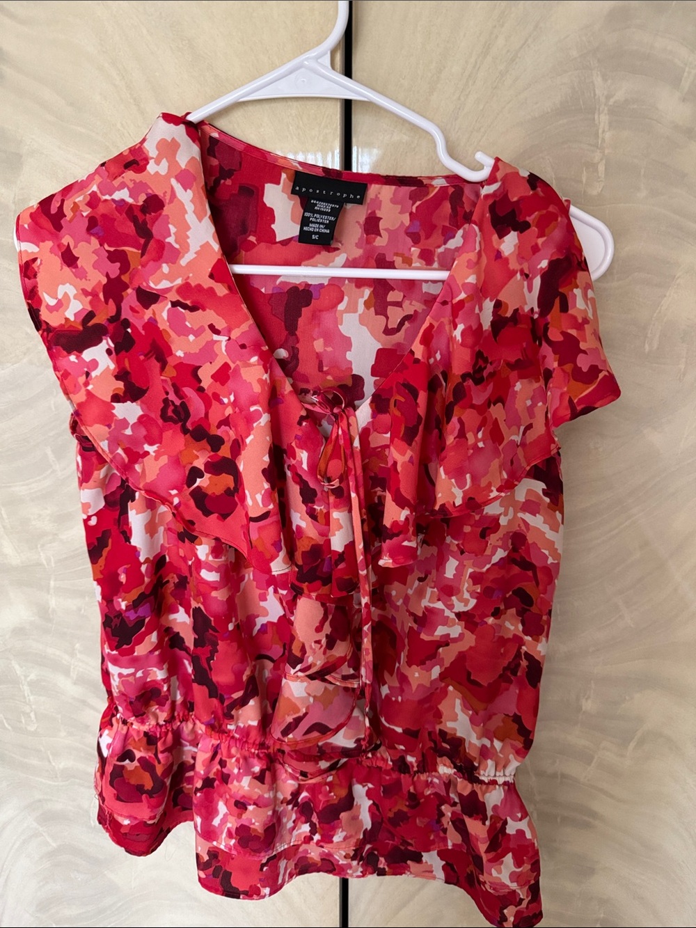 Express Red & Pink Abstract Tie-Neck Blouse